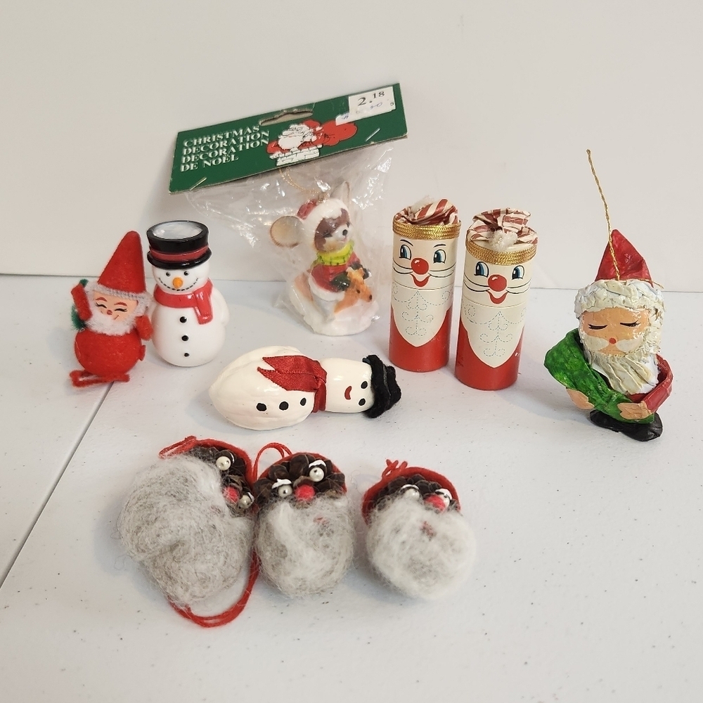 Vintage Lot Christmas Tree Ornaments Kitsch Kitschy MCM Mid Century Mice Santa